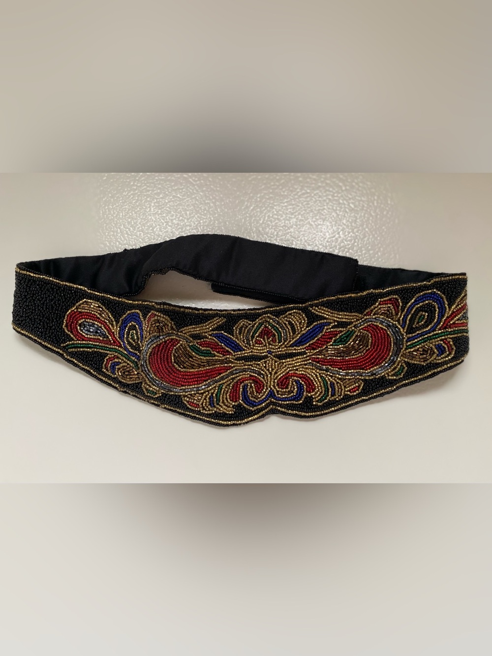 Vintage Black Beaded Belt with Gold, Red & Blue Accents